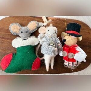 Lot of 3 Mouse Mice 🐁 Christmas Ornaments VTG New Lush Loretta Straw